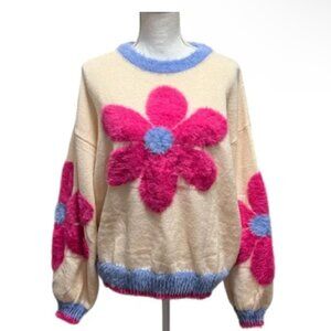 NWT LADIES SIZE S EASEL PINK DAISY CREW NECK LONG SLEEVE WARM SWEATER